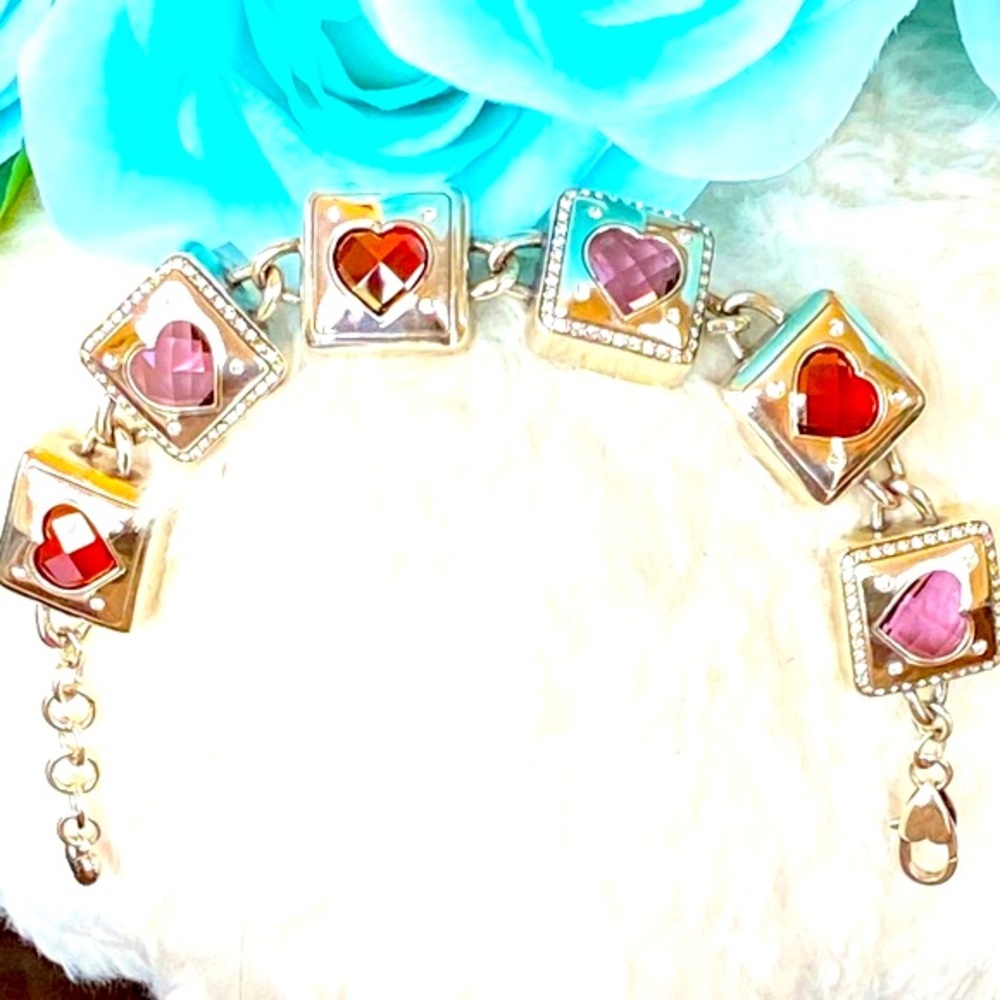 Brighton OPEN HEARTED Pink Red Swarovski Crystal Heart Chunky Bracelet RARE